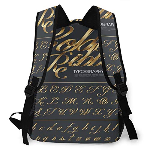 FDFCSD Mochilas Escolares, Tipografía Carta Dorado Mochila Hombre Mujer Casual Mochila para Portatil 14 Pulgadas Mochila Universidad Resistente Mochila Instituto