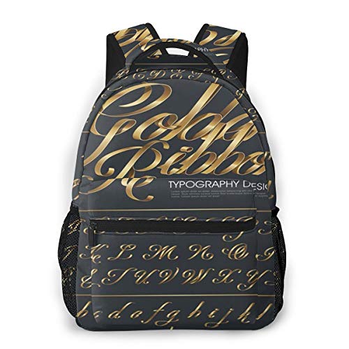 FDFCSD Mochilas Escolares, Tipografía Carta Dorado Mochila Hombre Mujer Casual Mochila para Portatil 14 Pulgadas Mochila Universidad Resistente Mochila Instituto