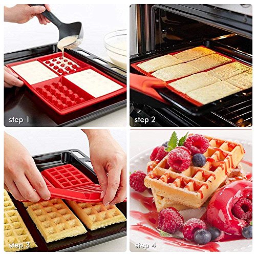 Febbya Moldes de Gofres,Silicone Waffle Moldes 2 Pack Antiadherentes Gofres para Hornear para Niños Molletes Galletas Choclate Herramientas de Cocina Rectangular y Forma de Corazón Rojo