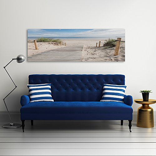 Feeby Frames, Cuadro en Lienzo, Cuadro impresión, Cuadro decoración, Canvas de una Pieza, 40x120 cm, Playa, Arena, Agua, Hierba, Paisaje, Vista, MARRÓN, Verde, Azul