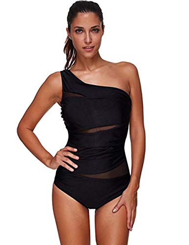 FeelinGirl Mujer Monokini con Uno/Dos Tirantes Traje de Baño de Una Pieza Talla Grande Un Tirante-Negro L/Talla 44