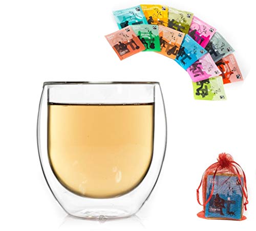 Feelino - Juego de té (1 vaso de cristal de pared doble de 310 ml y 12 bolsas de té, un gran juego de té, prueba y regalo para el Día de la Madre