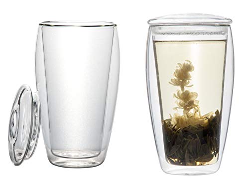 Feelino Teeset: 2 vasos de té XL de 400 ml con tapa de cristal + 2 flores de té blanco (vaso térmico con efecto flotante), LaBionda