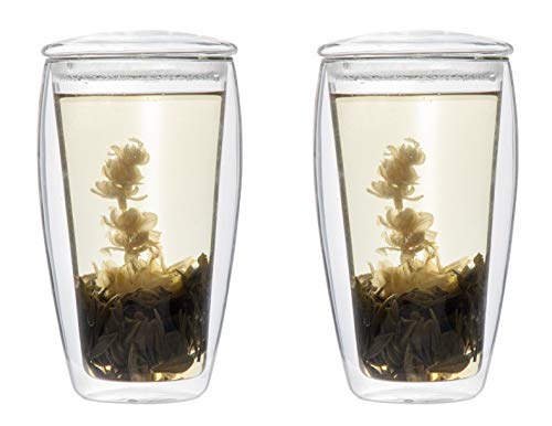 Feelino Teeset: 2 vasos de té XL de 400 ml con tapa de cristal + 2 flores de té blanco (vaso térmico con efecto flotante), LaBionda