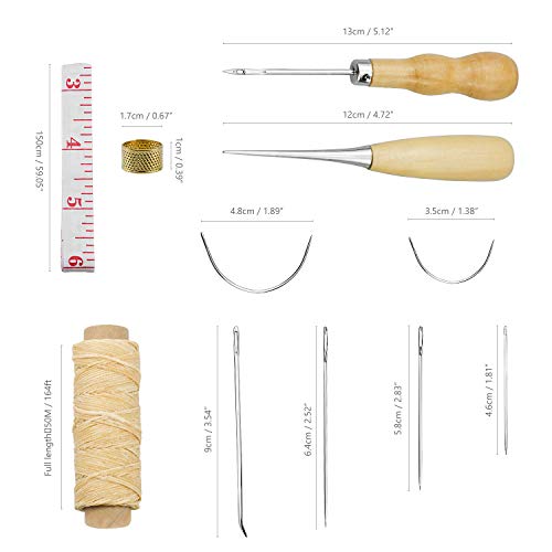 FEIGO 16pcs Kit Hilo Encerado de Cuero 5 Color 150D 1 mm con Agujas de Coser Recta y Curva Herramienta Costura a Mano para Reparación Trabajar Cuero Lonas Manualidades