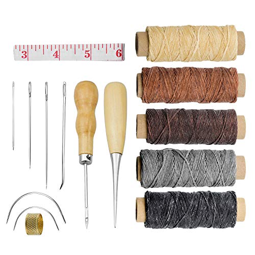 FEIGO 16pcs Kit Hilo Encerado de Cuero 5 Color 150D 1 mm con Agujas de Coser Recta y Curva Herramienta Costura a Mano para Reparación Trabajar Cuero Lonas Manualidades