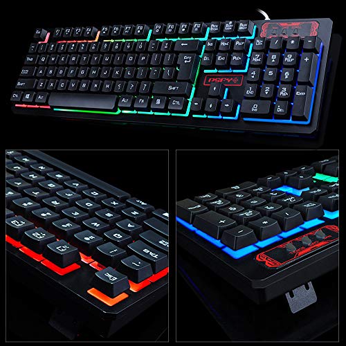 FELiCON Juego de Teclado y Mouse para Juegos K13, 104 Teclas, Rainbow LED Teclado Retroiluminado para Juegos, Mouse óptico dpi (800/1600/2000/2400DPI) Ajustable, Ideal para Juegos Trabajo + Mouse Pad