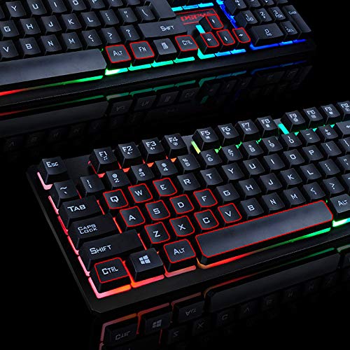 FELiCON Juego de Teclado y Mouse para Juegos K13, 104 Teclas, Rainbow LED Teclado Retroiluminado para Juegos, Mouse óptico dpi (800/1600/2000/2400DPI) Ajustable, Ideal para Juegos Trabajo + Mouse Pad