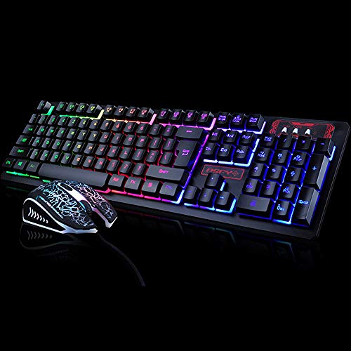 FELiCON Juego de Teclado y Mouse para Juegos K13, 104 Teclas, Rainbow LED Teclado Retroiluminado para Juegos, Mouse óptico dpi (800/1600/2000/2400DPI) Ajustable, Ideal para Juegos Trabajo + Mouse Pad