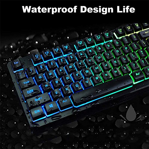 FELiCON Juego de Teclado y Mouse para Juegos K13, 104 Teclas, Rainbow LED Teclado Retroiluminado para Juegos, Mouse óptico dpi (800/1600/2000/2400DPI) Ajustable, Ideal para Juegos Trabajo + Mouse Pad