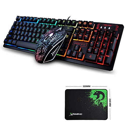 FELiCON Juego de Teclado y Mouse para Juegos K13, 104 Teclas, Rainbow LED Teclado Retroiluminado para Juegos, Mouse óptico dpi (800/1600/2000/2400DPI) Ajustable, Ideal para Juegos Trabajo + Mouse Pad