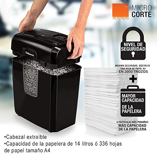 Fellowes 8Mc - Destructora trituradora de papel, minicorte, destruye hasta 8 hojas, uso personal, tritura tarjetas de crédito, color negro