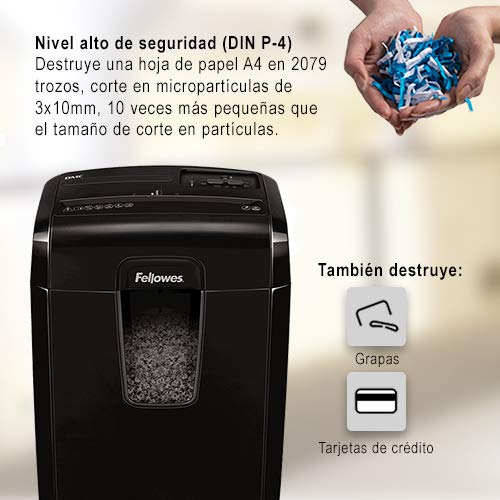 Fellowes 8Mc - Destructora trituradora de papel, minicorte, destruye hasta 8 hojas, uso personal, tritura tarjetas de crédito, color negro