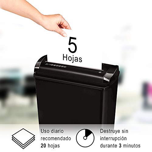 Fellowes P-25S - Destructora trituradora de papel, corte en tiras, destruye hasta 5 hojas, uso personal, color negro