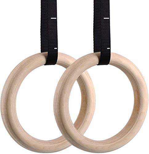 Femor Anillas de Gimnasia, Anillos de Gimnasia de Madera con Correas Hebillas Ajustable, Anillas Entrenamiento Antideslizante, Dia 28/32mm,Carga 300/500kg, para Entrenamiento y Fitness en Casa