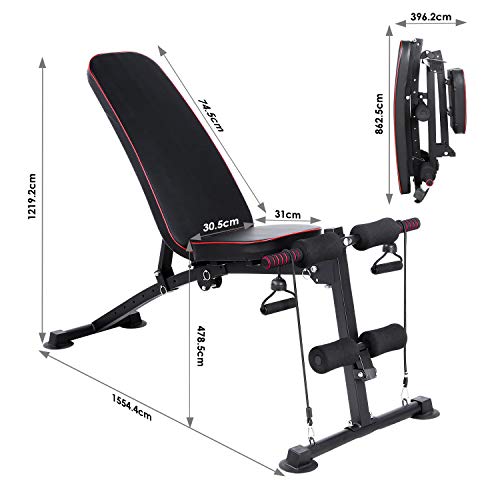 Femor Banco Plegable de Pesas, Banco Multifunción de Ejercicio, Banco de Abdominales 2en1 con Cuerda, Respaldo Ajustable de 7 Posiciones,Cargable hasta 120kg, Ejercitar Todo el Cuerpo Gimnasio en Casa