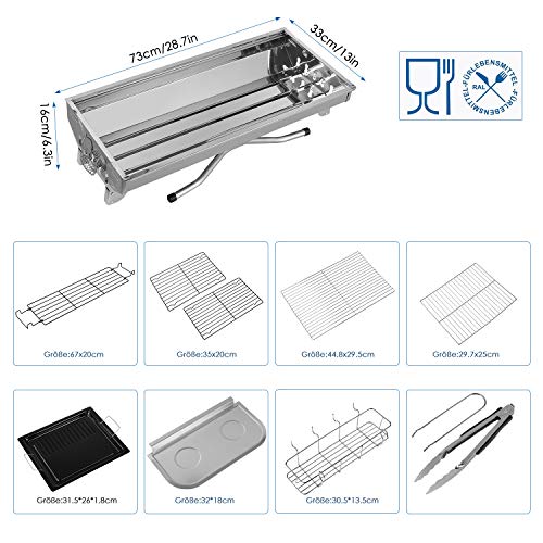 Femor Barbacoa Portátil de Acero Inoxidable, Parrilla de Carbón, Barbacoa Plegable, Barbacoa de Exteriores para BBQ, 73 * 33 * 72 cm, Buena ventilación, Picnic, Camping, Festivales(5-10 Personas)