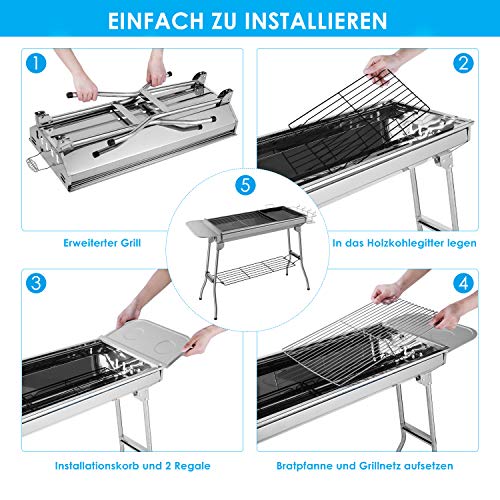 Femor Barbacoa Portátil de Acero Inoxidable, Parrilla de Carbón, Barbacoa Plegable, Barbacoa de Exteriores para BBQ, 73 * 33 * 72 cm, Buena ventilación, Picnic, Camping, Festivales(5-10 Personas)