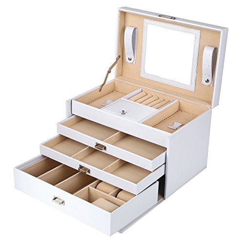 Femor Caja Joyero 4 Niveles, Caja para Joyas con Espejo y 3 Cajones, Interior de Terciopelo, de Viaje, con Cerradura, para Pendientes,Collares,Pulseras,Anillos,Relojes,Gafas,Regalo para Navidad Mujer