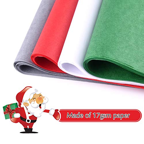 FEPITO 100 hojas de papel tisú navideño para envolver regalos, rojo, verde, gris y blanco, papel tisú para envolver regalos navideños, manualidades (14 x 20 pulgadas)