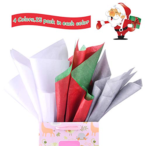 FEPITO 100 hojas de papel tisú navideño para envolver regalos, rojo, verde, gris y blanco, papel tisú para envolver regalos navideños, manualidades (14 x 20 pulgadas)