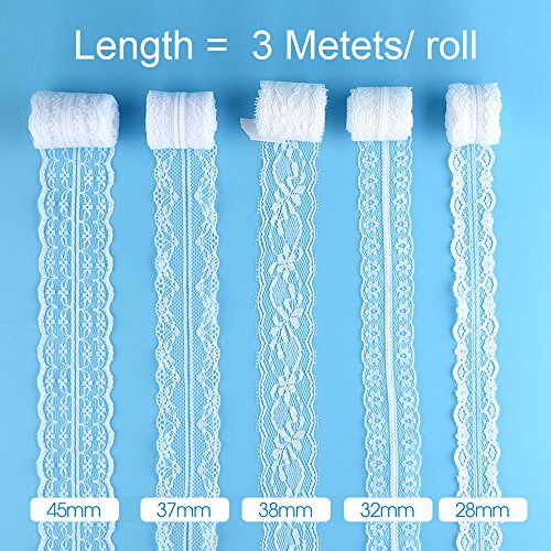 FEPITO 12 Rollos Cinta Encaje Blanco Surtido Cinta de Ajuste de Encaje para Coser y Decoraciones Festoneadas Boda Nupcial 39.6 Yardas