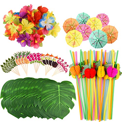 FEPITO 184 PCS Decoraciones Fiesta Tropical Hawaiana Incluye Hojas Palmera, Flores Hibisco, Selecciones Paraguas Bebida, Pajitas Frutas Coloridas y Cupcake Toppers para Luau Party Decorations