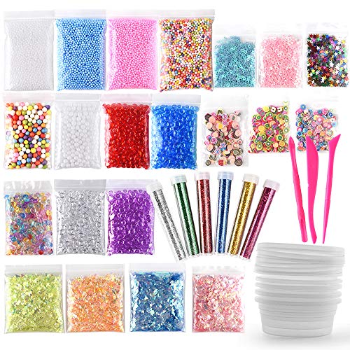 FEPITO 35 Pcs Slime Kit incluyen bolas pecera, Bolas espuma, Glitter, confeti, Contenedores almacenamiento, Herramientas lodo para el arte del bricolaje Slime hecho en casa(No contiene limo)