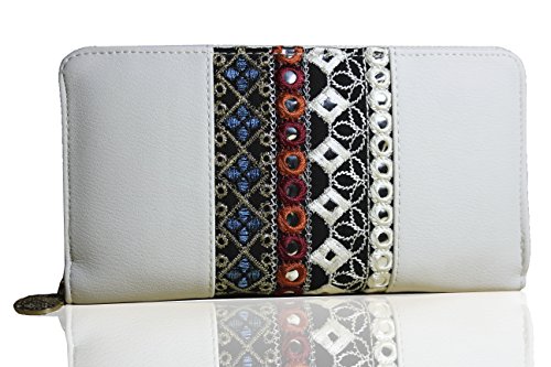 FERETI Cartera Étnico para Mujer Beige con Bordados Multicolor Y Espejos