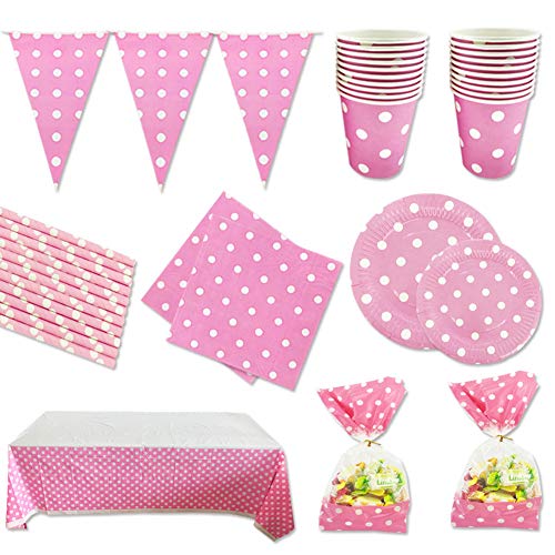 Fiesta Cotigo- Set de Artículos Vajilla Desechables para Fiesta de Cumpleaños :Platos,Vasos,Servilletas,Mantel,Bolsas de Caramelos,Pajitas,Guirnalda Banderínes Color Rosa a Lunares Para 16 Invitados