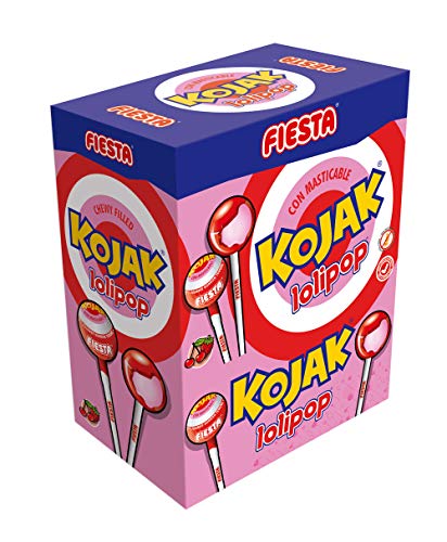 FIESTA Kojak Lolipop Caramelo con Palo Sabor Cereza Relleno de Masticable de Fresa - Caja de 100 unidades