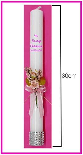 FIESTADEKOR Vela/Cirio para Bautizo de Cera Blanca Decorada con Pick Floral, Cinta y Lazo de Organza y remate de brillantitos Plateados en su Base. Medida 3x30cm. (Rosa Personalizada)