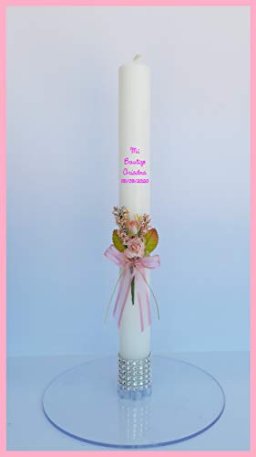 FIESTADEKOR Vela/Cirio para Bautizo de Cera Blanca Decorada con Pick Floral, Cinta y Lazo de Organza y remate de brillantitos Plateados en su Base. Medida 3x30cm. (Rosa Personalizada)