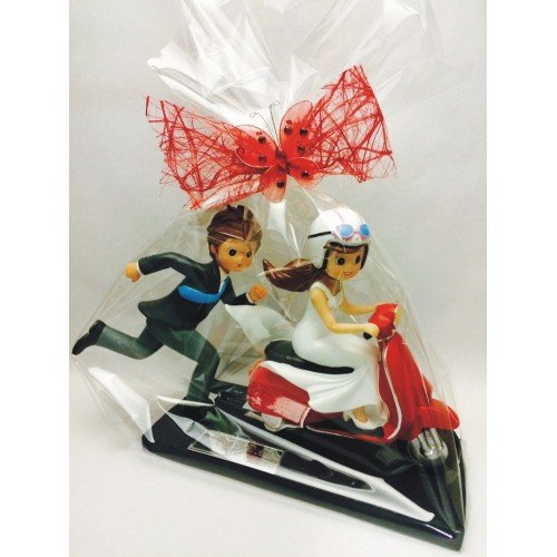 Figura boda GRANDE novios moto-vespa GRABADA figuras personalizadas