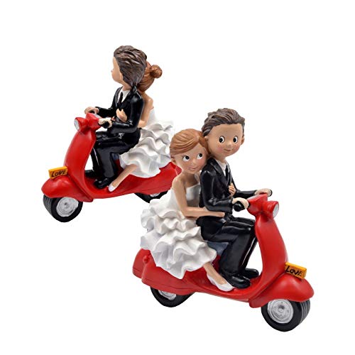 Figura Decorativa de Resina para Tarta de Bodas"Novios en Moto Vespa Roja". Recuerdos. Decoración. Regalos Originales. Detalles de Bodas, Comuniones, Bautizos, Cumpleaños.CC