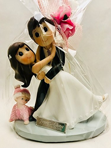 Figura novios con bebé niño niña hijo hija GRABADA boda figuras PERSONALIZADAS