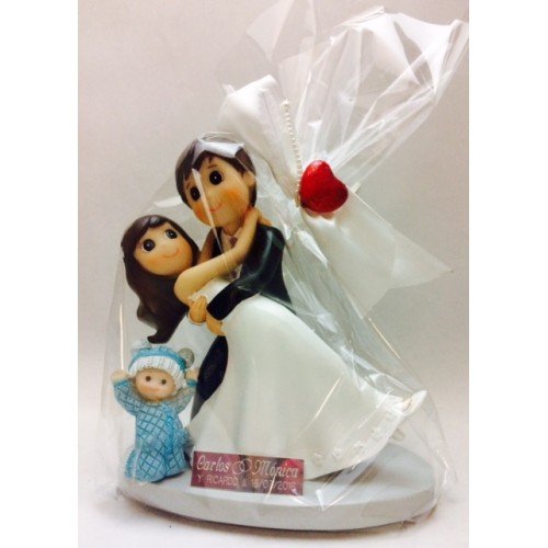 Figura novios con bebé niño niña hijo hija GRABADA boda figuras PERSONALIZADAS