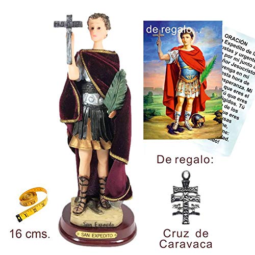 Figura San Expedito 16 cms. Pintada a Mano, con túnica de Tela Tipo Terciopelo. De Regalo Cruz de Caravaca y estampas de San Expedito, San Pancracio, San Judas Tadeo y San Miguel.