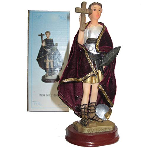 Figura San Expedito 16 cms. Pintada a Mano, con túnica de Tela Tipo Terciopelo. De Regalo Cruz de Caravaca y estampas de San Expedito, San Pancracio, San Judas Tadeo y San Miguel.