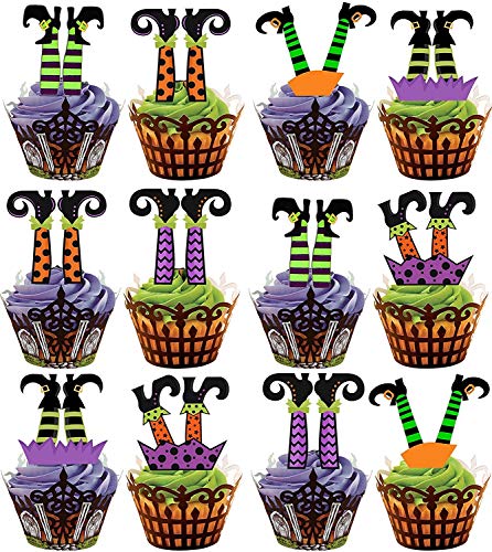 Figuras precortadas para decoración de cupcakes y tartas, con forma de piernas de bruja, comestible, especial para Halloween, paquete de 12