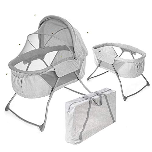 Fillikid Minicuna de viaje plegable bebé 90x40 cm - Cuna portátil con función mecedora, capota, colchón, mosquitera y bolsa de transporte - Gris