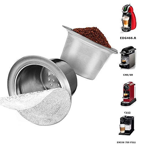 FineInno Cápsula Rellenable de Acero Inoxidable Recargables Cápsulas de Café Reutilizable Coffee Capsules Filtro Compatibles Nespresso Original Incluye Anillo de Sellado y 60 Tapas de Aluminio