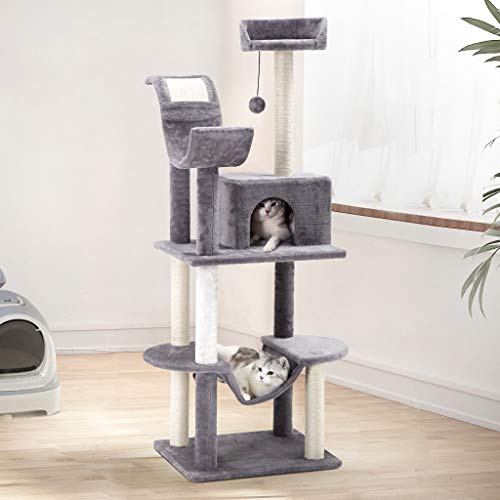 Finether Árbol para Gatos Rascador para Gatos con Nidos Juguete Gatos de Sisal Natural con Columnas, Color Gris