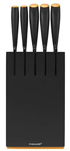 Fiskars Bloque de cuchillos con 5 cuchillos, Ancho: 14,5 cm, Alto: 36 cm, Madera de abedul, Negro, Functional Form, 1014190