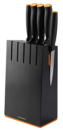 Fiskars Bloque de cuchillos con 5 cuchillos, Ancho: 14,5 cm, Alto: 36 cm, Madera de abedul, Negro, Functional Form, 1014190