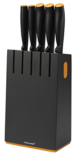 Fiskars Bloque de cuchillos con 5 cuchillos, Ancho: 14,5 cm, Alto: 36 cm, Madera de abedul, Negro, Functional Form, 1014190