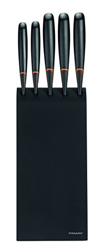 Fiskars Bloque de cuchillos con 5 cuchillos, Ancho: 15,5 cm, Alto: 37 cm, Madera de abedul, Negro, Edge, 1003099