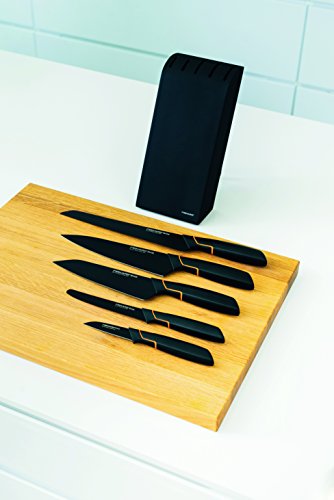 Fiskars Bloque de cuchillos con 5 cuchillos, Ancho: 15,5 cm, Alto: 37 cm, Madera de abedul, Negro, Edge, 1003099