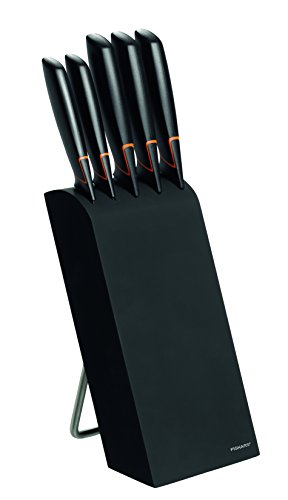 Fiskars Bloque de cuchillos con 5 cuchillos, Ancho: 15,5 cm, Alto: 37 cm, Madera de abedul, Negro, Edge, 1003099