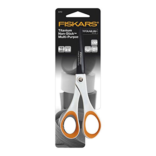 Fiskars Tijeras antiadhesivas Universales, Longitud: 18 cm, para diestros y zurdos, Revestimiento de titanio/Acero inoxidable/Plástico, Blanco/Naranja, 1004720